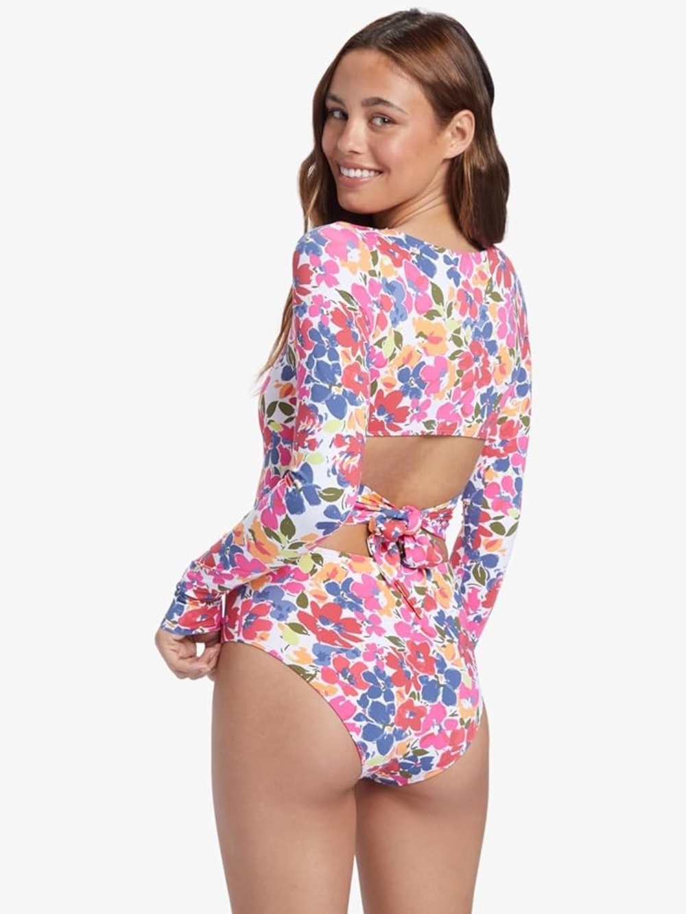 Roxy Long Sleeve Floral Rashguard Swimsuit - Pink Floral XL